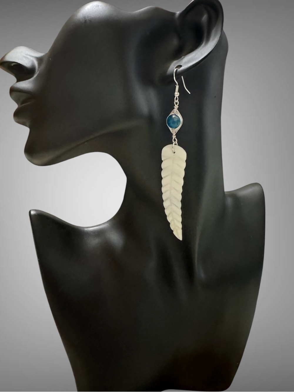 MOTHER OF PEARL FEATHER AND PEACOCK APATITE EARRINGS
